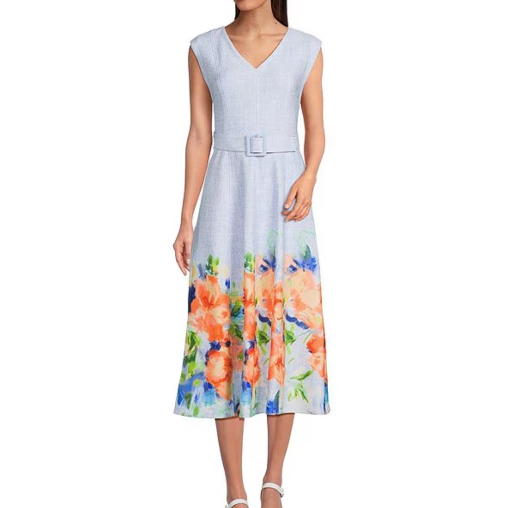 Calvin Klein Blue A-Line Midi Dress with V-Neck